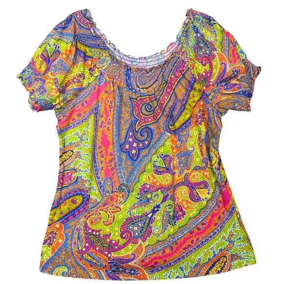 Lauren Ralph Lauren Smocked Short Sleeve Top Large Colorful Boho Preppy Peasant - Picture 1 of 6